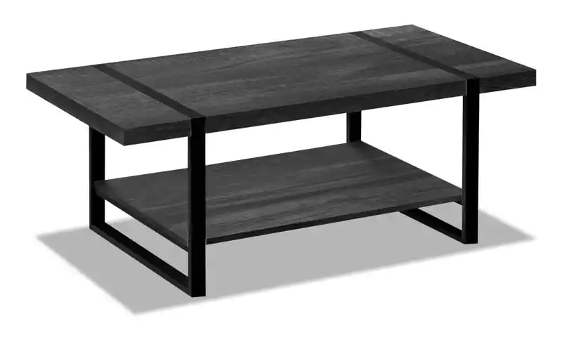 Avery 47.25 Industrial Coffee Table with Shelf - Black with Black Metal Legs