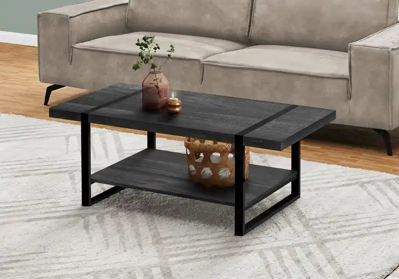 47.25 Industrial Coffee Table with Shelf - Black with Black Metal Legs