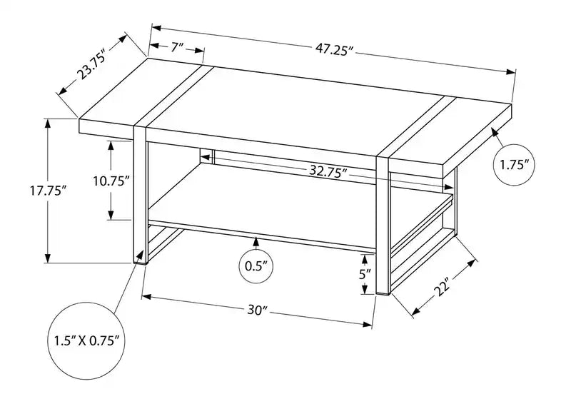 47.25 Industrial Coffee Table with Shelf - Black with Black Metal Legs