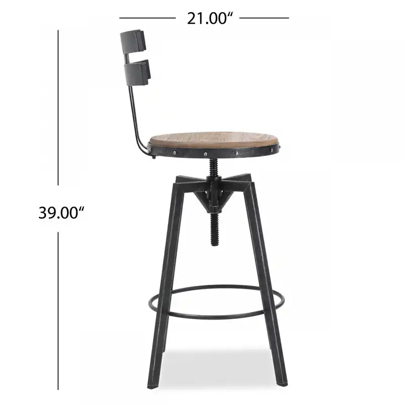 Bar Stool With Swivel & Adjustable Wood Seat, Metal Frame - Black