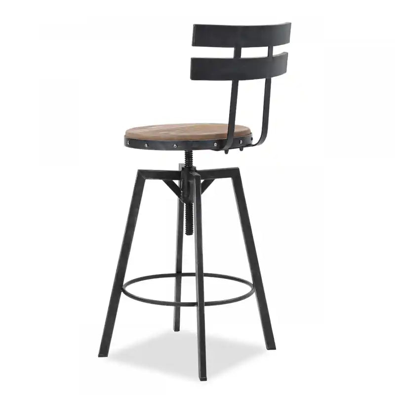 Bar Stool With Swivel & Adjustable Wood Seat, Metal Frame - Black