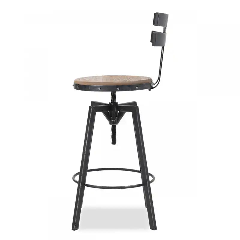 Bar Stool With Swivel & Adjustable Wood Seat, Metal Frame - Black