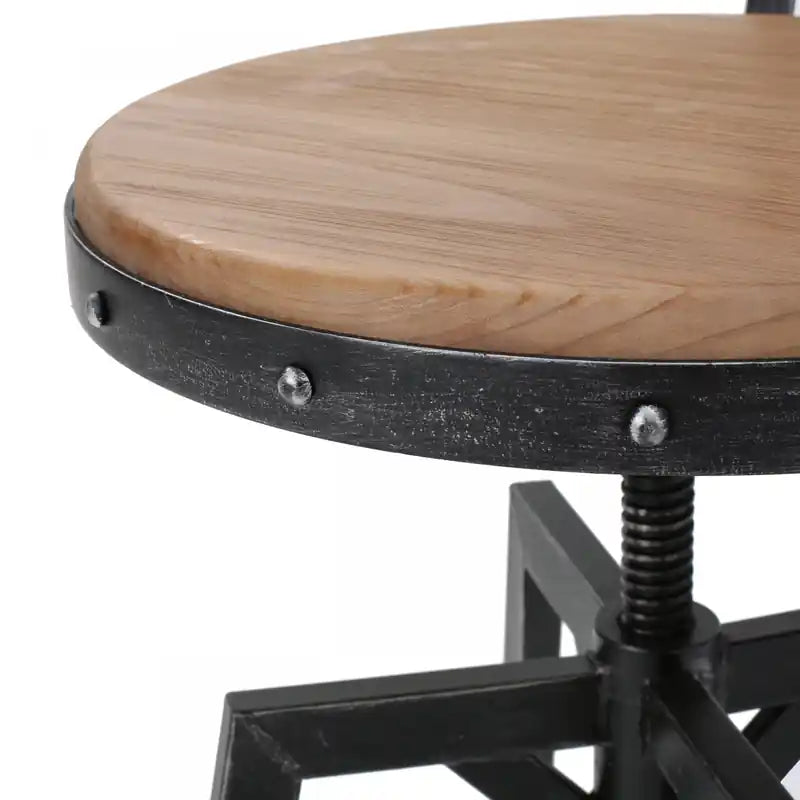 Bar Stool With Swivel & Adjustable Wood Seat, Metal Frame - Black