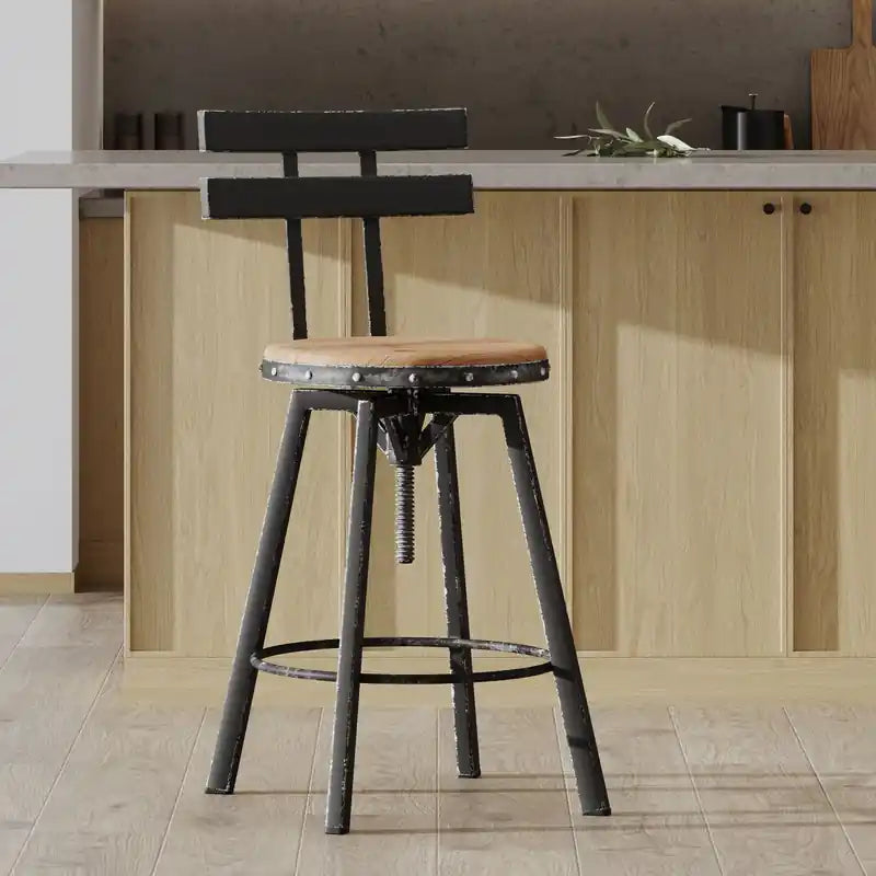 Bar Stool With Swivel & Adjustable Wood Seat, Metal Frame - Black