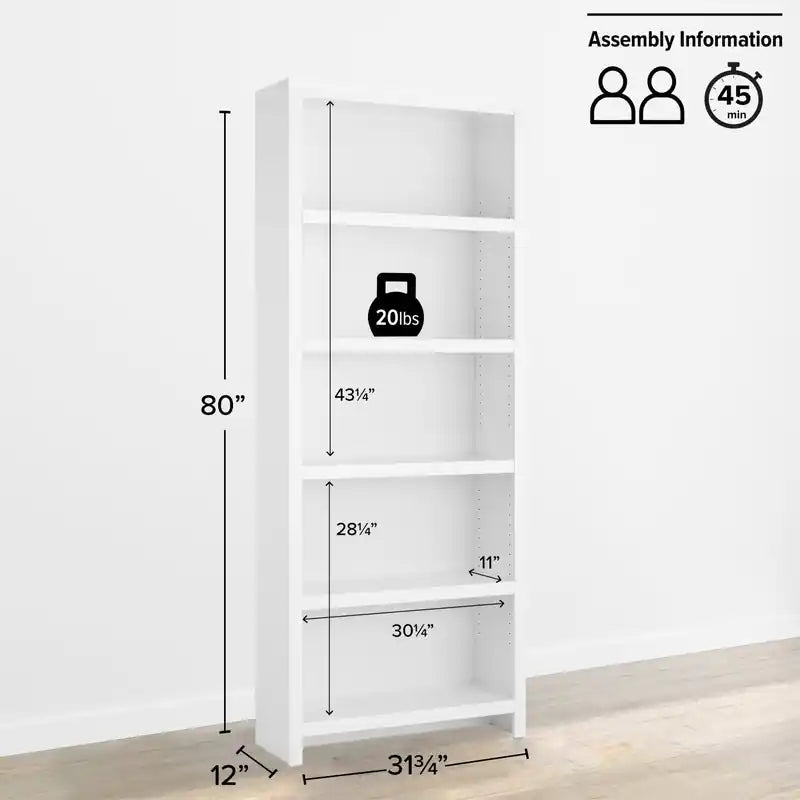 80" Tall Bookcase Storage Cabinet - White