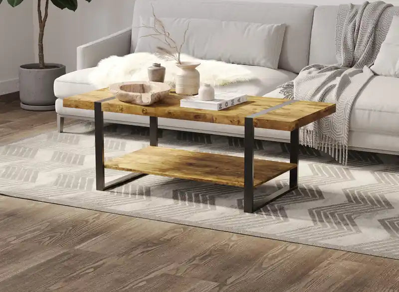 44 Coffee Table With Black Metal Base - Brown Wood