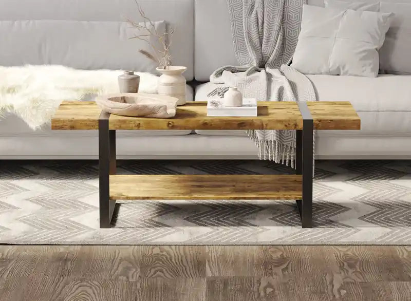 44 Coffee Table With Black Metal Base - Brown Wood