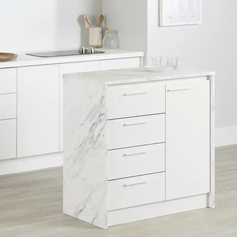 Compact With Storage - Faux White Marble And White