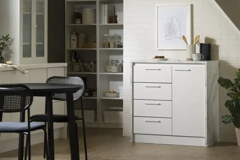 Compact With Storage - Faux White Marble And White